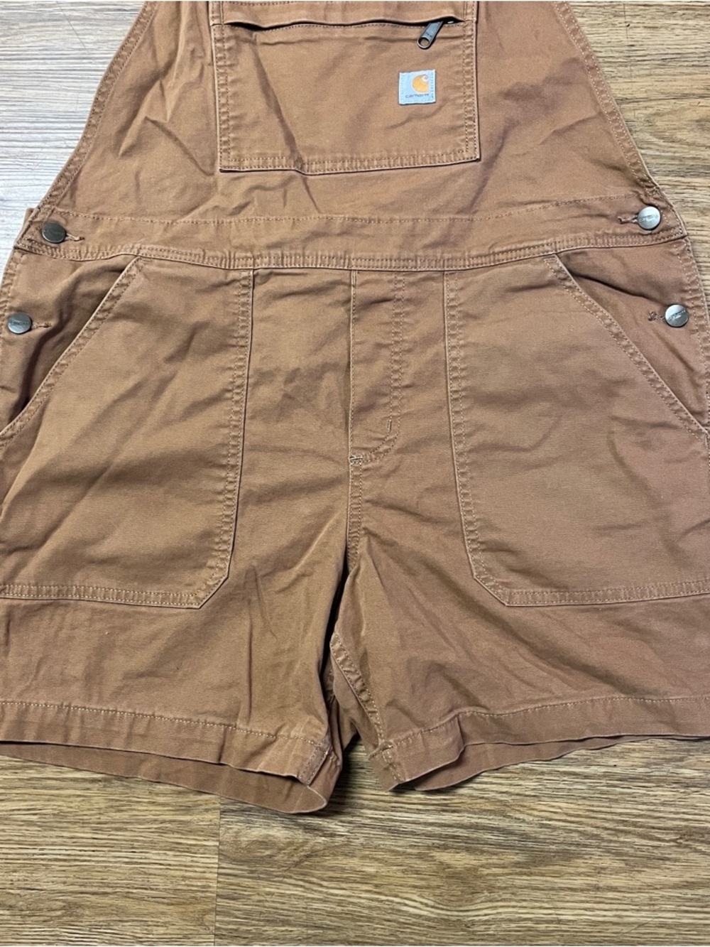 Womens Carhartt Rugged Flex Relaxed Fit Canvas Brown Shortalls Overalls Large - Picture 3 of 10